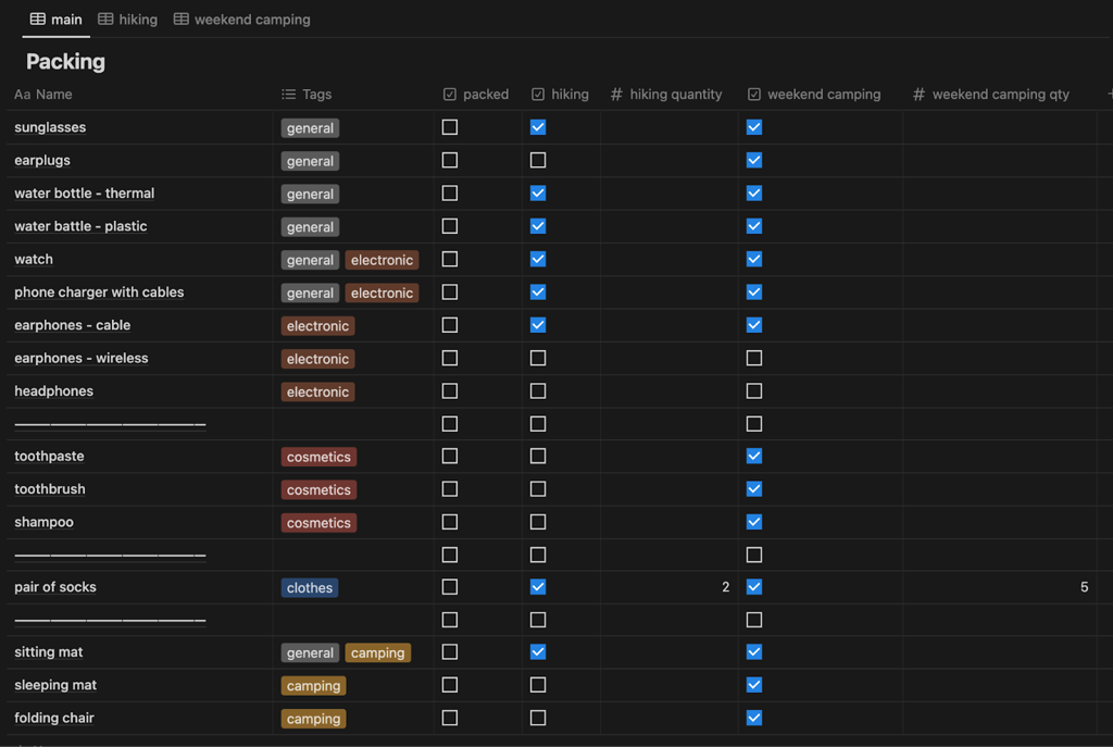 Notion Packing Lists